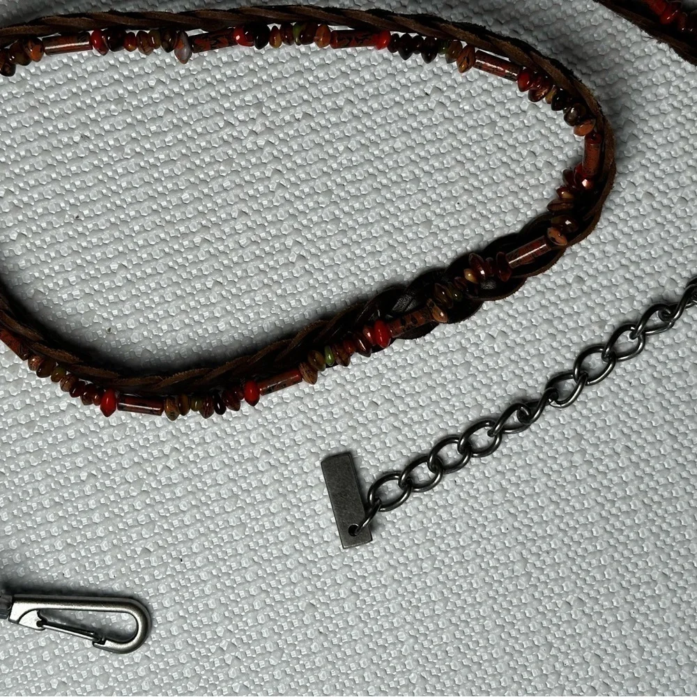 BELT Women Slim Leather Braided Beads & Chain 38-40 Adjustable Brown Hippie Boho